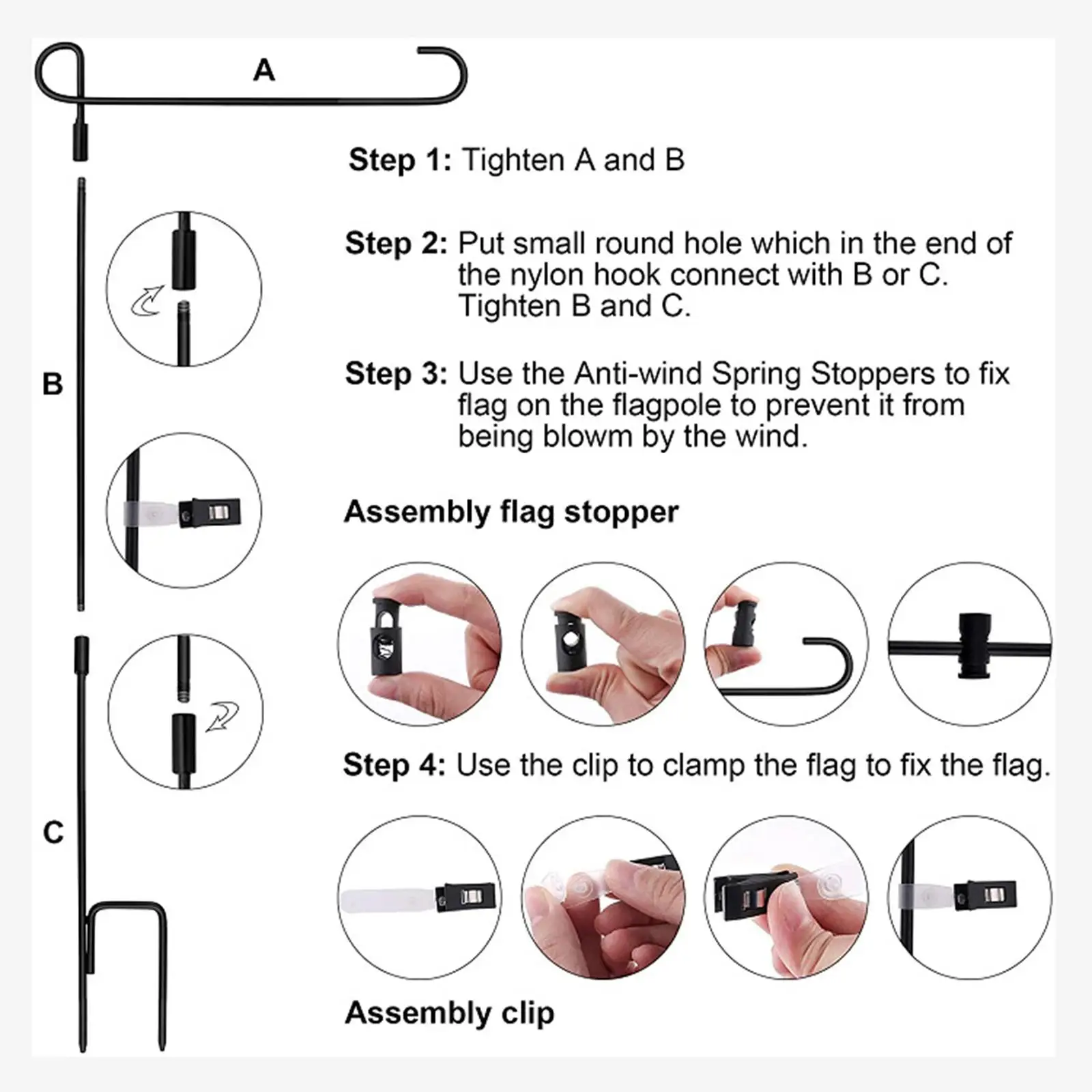 1 Set Garden Flag Pole Holder with Non-Skid Clip Decoration Detachable Wind Proof Black Durable Stand for Farmhouse Lawn Outside