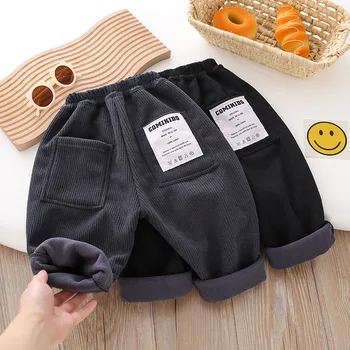 Kids Corduroy Casual Pants Winter 2-7T Solid Color Patch Girls Fleece Padded Trousers Warm Thicken Children Pants 1
