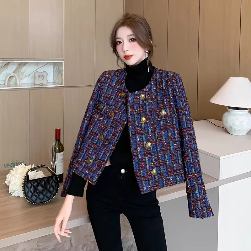 

Женская винтажная твидовая куртка, подиумная двубортная короткая шерстяная куртка в клетку с длинным рукавом, цветная верхняя одежда, осень-зима 2023