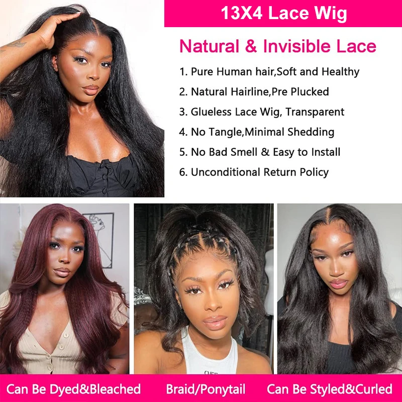 Brazilian Virgin Human Hair 13X4 Kinky Straight HD Lace Front Glueless Wigs for Women Pre Bleached Knots 4C Yaki Human Hair Wig 6