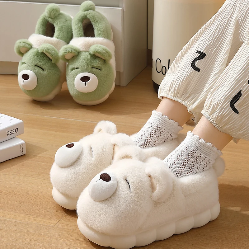 Cartoon Bear Shape Cotton Slippers Women 2025 Indoor Warm Slip On Plush Slides Woman Anti Slip Thick Bottom Fluffy Slippers