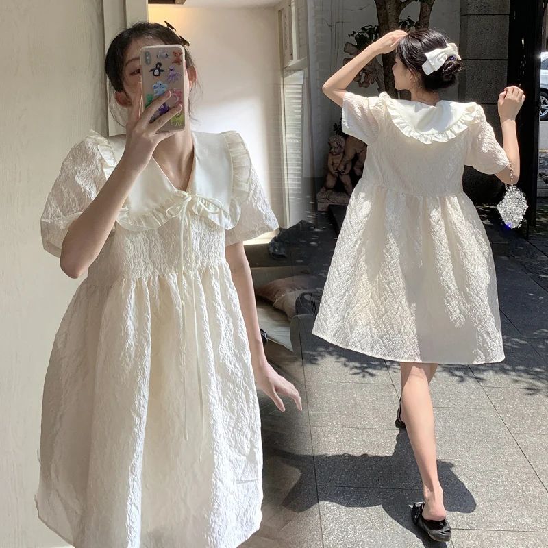 

2024 Summer Maternity Clothes Sweet Peter Pan Collar Short Lady Plus Size A-line Dress Solid Color Pregnant Woman Party Dresses