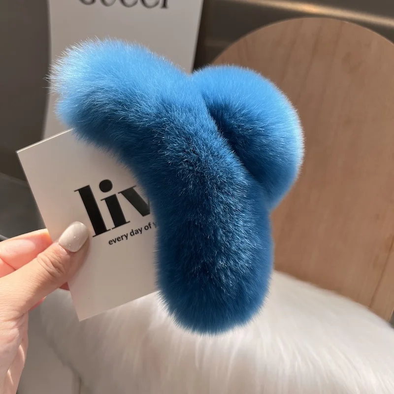 Natural Rex Rabbit Fur Big Crab Hair Clip for Girls Rabbit Hair Claw Clips Cute Ponytail Women's Barrettes Fluffy Hair Crab