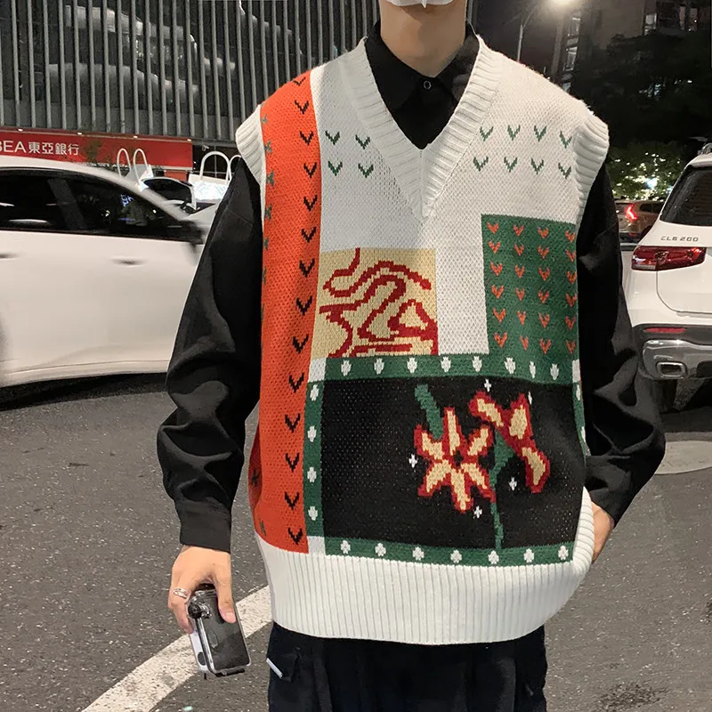 Cotton Vest Men Spring Fashion Flower Printing Vintage Sweater Harajuku Knitted Jumpers Golf Women Casual New Knit Vest Sweater