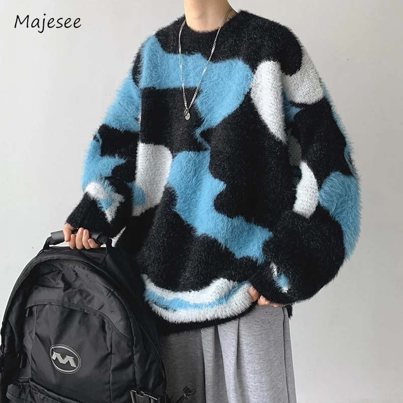 

Camouflage Sweaters Men Handsome Popular American Style Panelled Round Neck Couple Teenagers Youthful Pullovers
