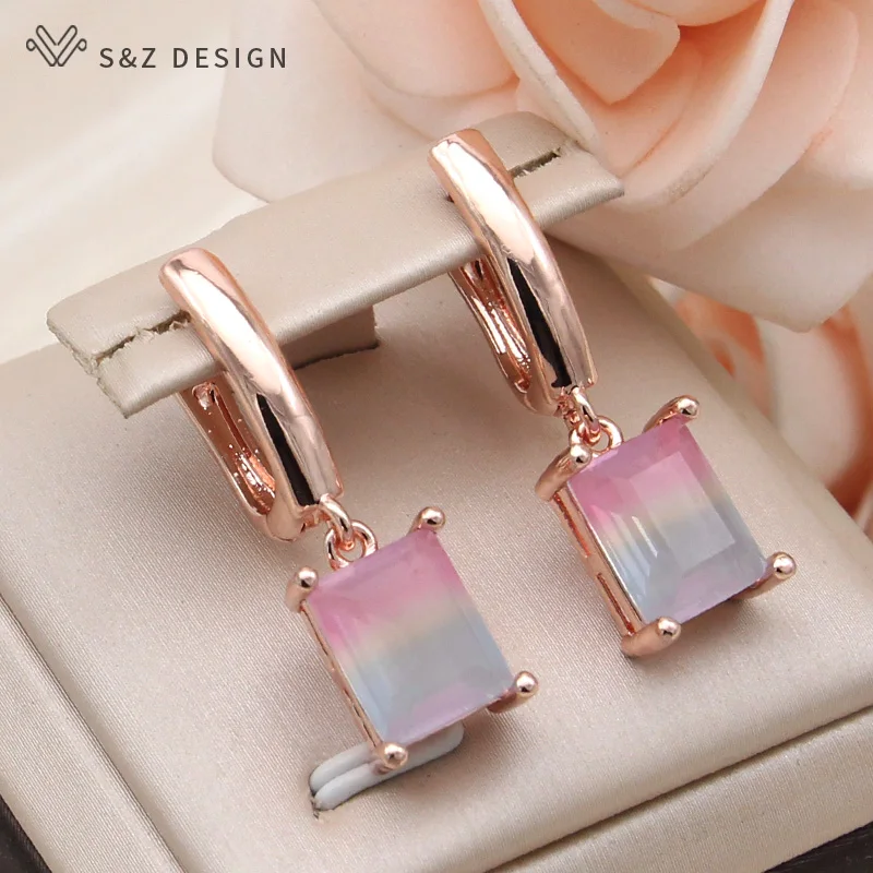 S&Z DESIGN New Fashion Rectangle Imitation Tourmaline Dangle Earrings For Women  Wedding Party 585 Rose Gold Color Jewelry