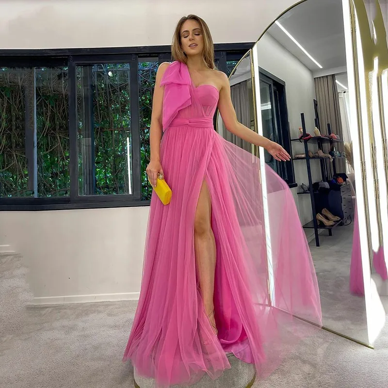 

Hot Pink Sexy One-Shoulder Tull Prom Dresses A Line Puff Tulle Sweetheart Neck Evening Dress Side Split Backless Prom Party Gown