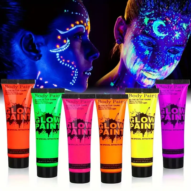 6Color UV Face Body Paint Set Washable Neon Fluorescent Body Paint Cosmetics, Glow in the Dark, Black Light Party Costume Makeup