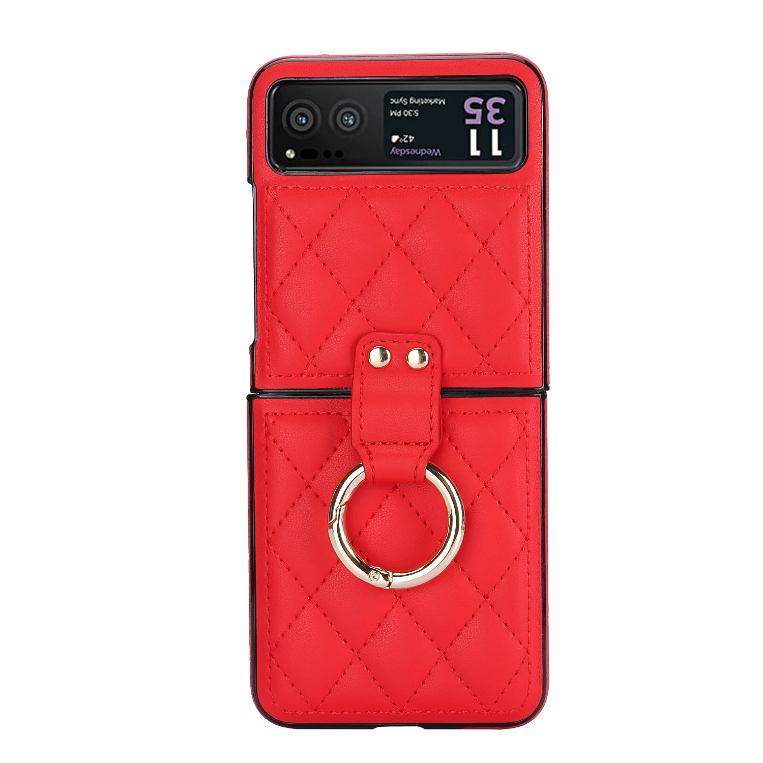 Luxury Fashionable Quilted PU Leather Phone Case with Metal Ring - Fall Prevention Design