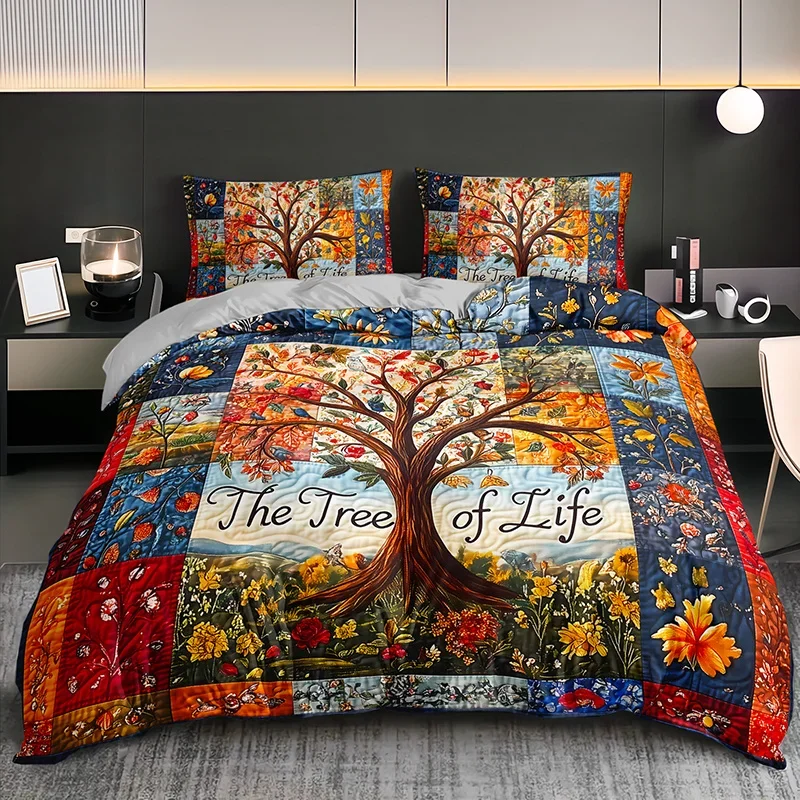 Life Tree Country Style Quilted Duvet Cover Set 2/3pcs HD Print All-Season Comforter with 1 Duvet Cover + 1/2 Pillowcases