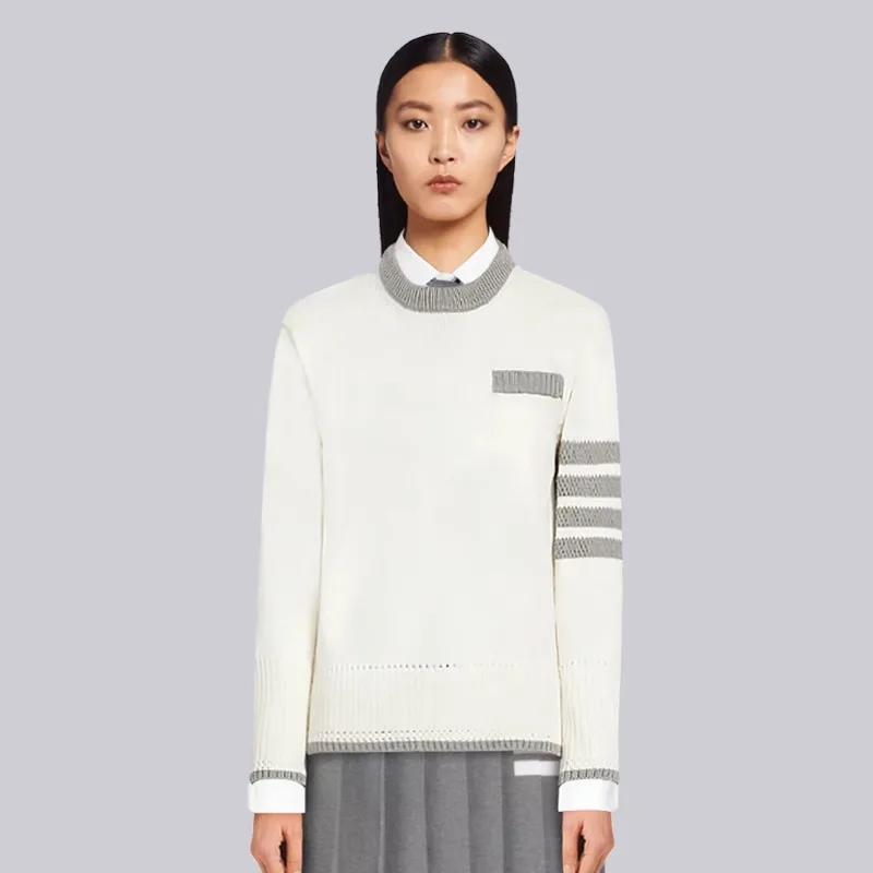 

TB THOM Top Women Harajuku Patchwork 4-Bar Stripes Crewneck Sweates 2023 Korean Fashion Blouses Casual Streetwear Y2K Sweaters