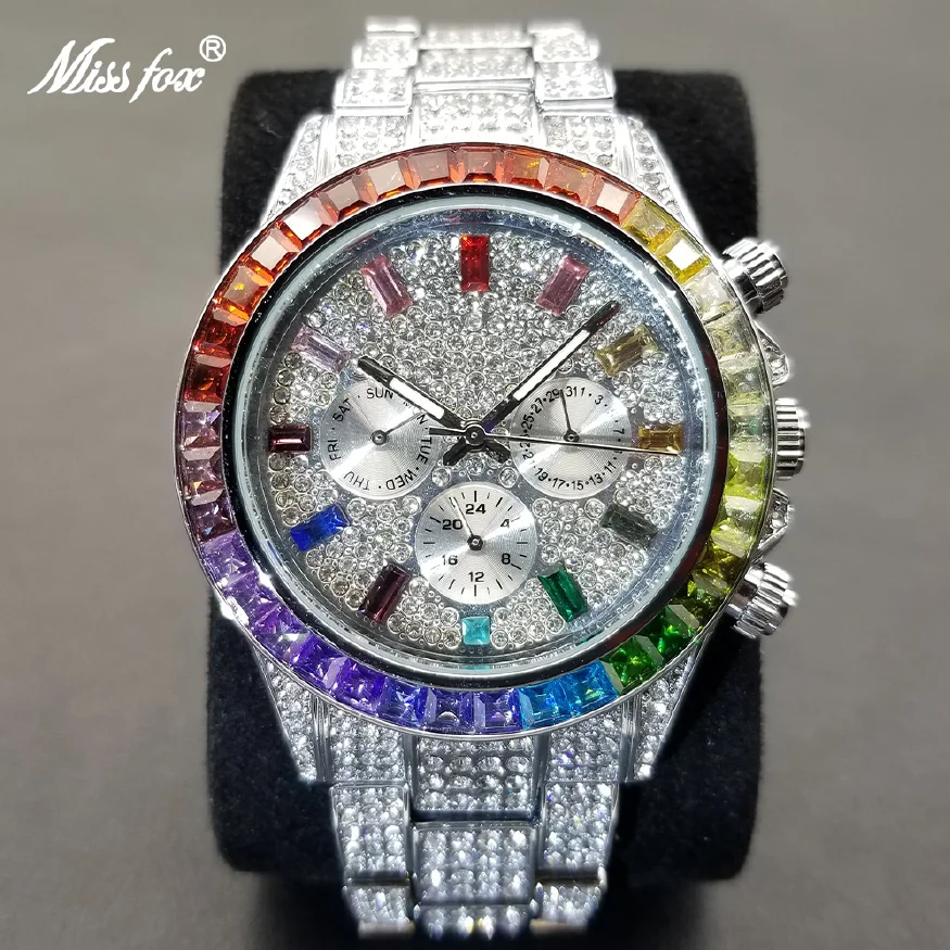 

New Iced Out Men Wristwatch Luxury Unique Rainbow Moissanite Hip Hop Watches Fashion Bling Party Dress Male Clock Dropshipping