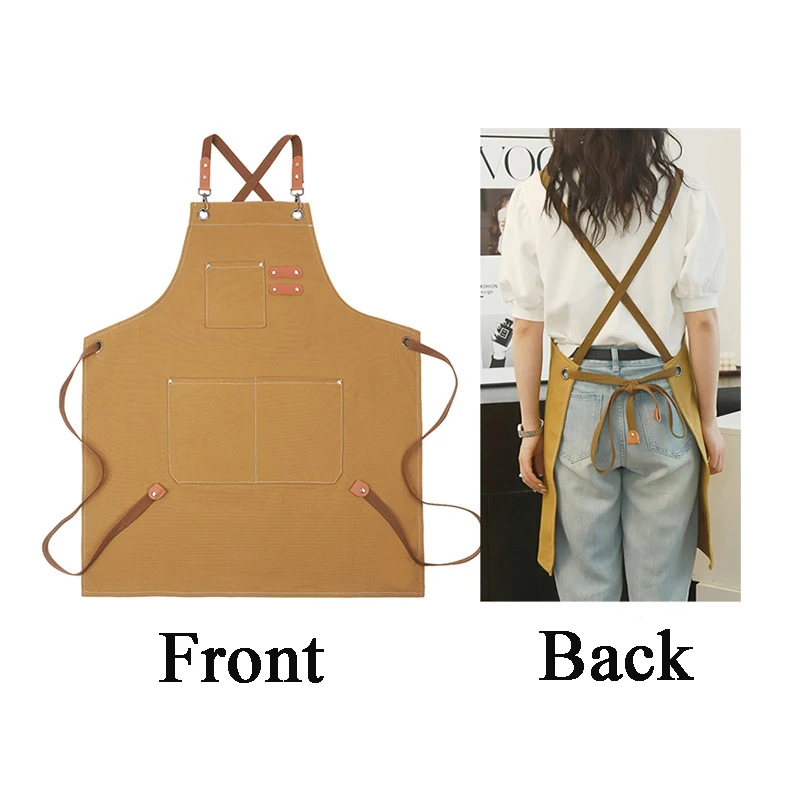 Untior New Fashion Canvas Kitchen Aprons With 3 Pockets Cross Back Pottery Anti Resistant Work Apron Applicable To Restaurant