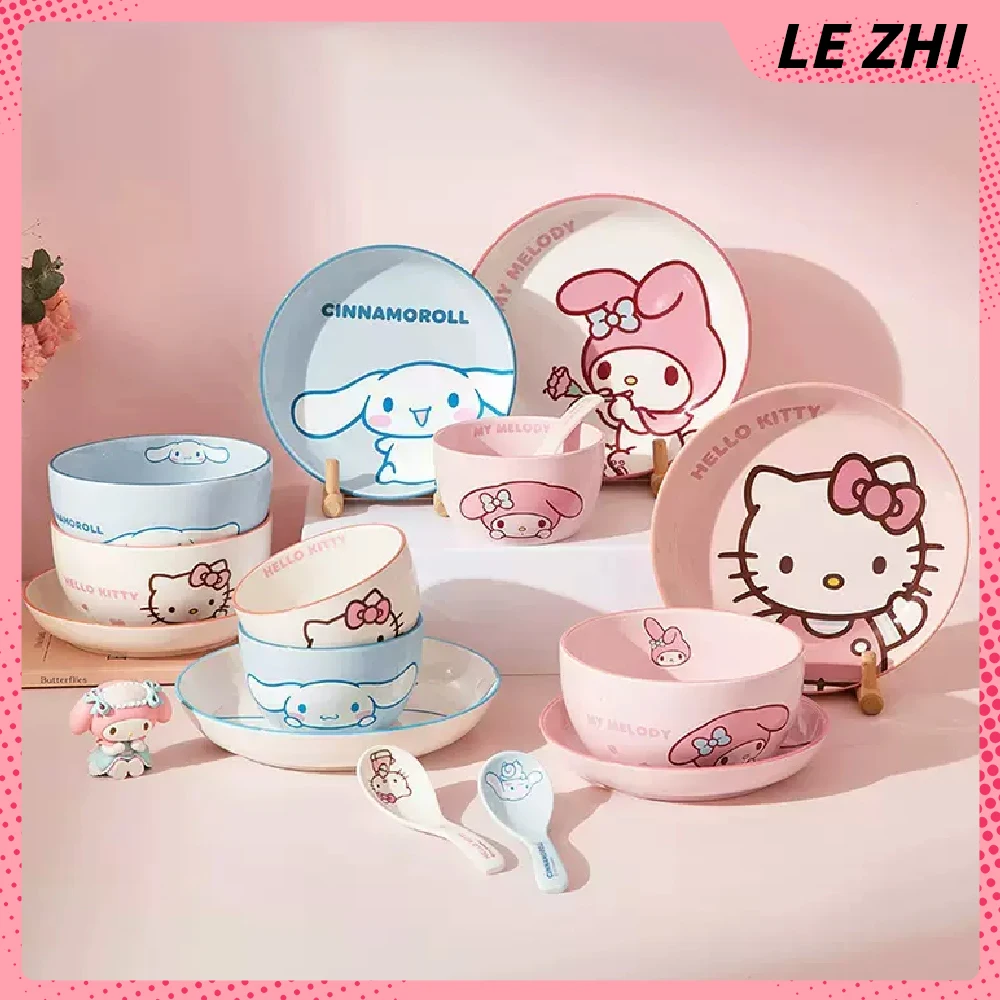 

Cute Cartoon 5PCS Ceramic Bowl Dish Set Hello Kitty Cinnamoroll Mymelody Soup Bowl Luxury Dinnerware Birthday Wedding Present