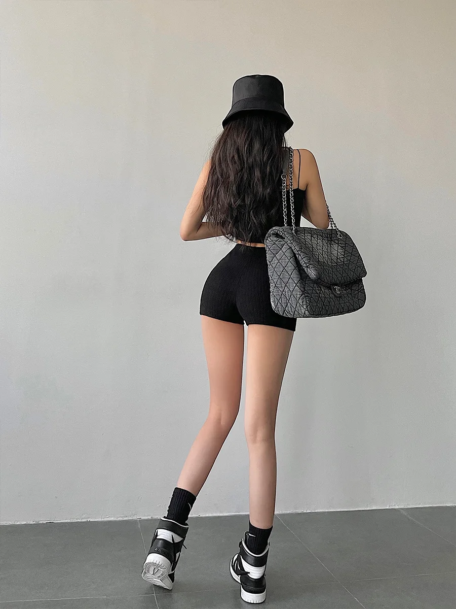 WOMONGAGA French New High Waist Tight Thin Knit Casual Sports Shorts Solid Color Stretch Fashion Women\'s Clothing 5TNS
