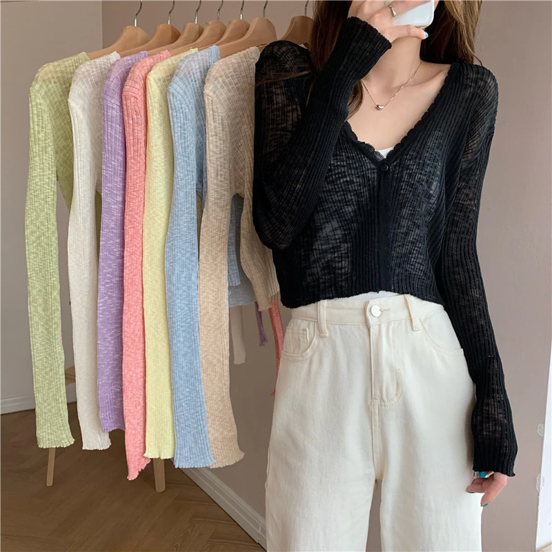 Sheer Ribbed Knit Cardigan with One Button Long Sleeve Crop Top Women Teen-girl Spring Summer 2026 Shrunken Cardigan 6