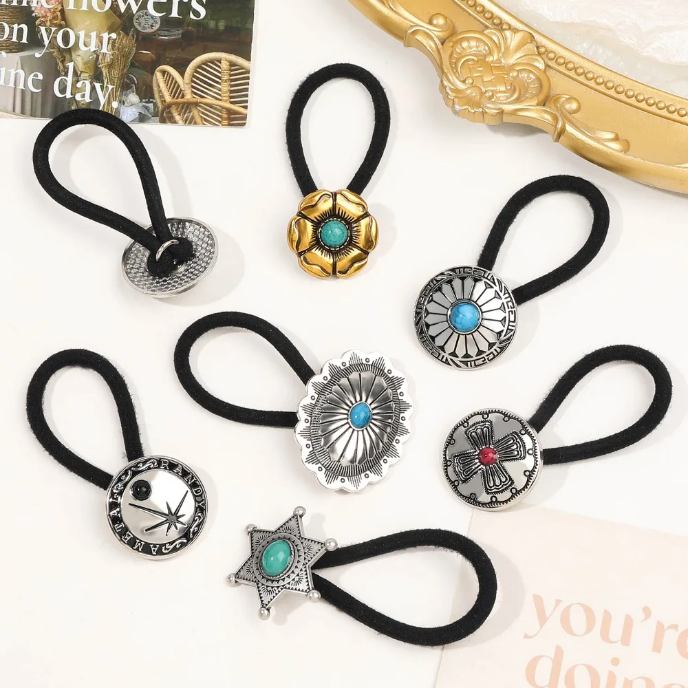 Boho Vintage Silbrige Metall Haargummis Pferdeschwanzhalter Ethnisch Türkis Schwarz Gummibänder Seil Scrunchie Damen Haarschmuck – Detail 5