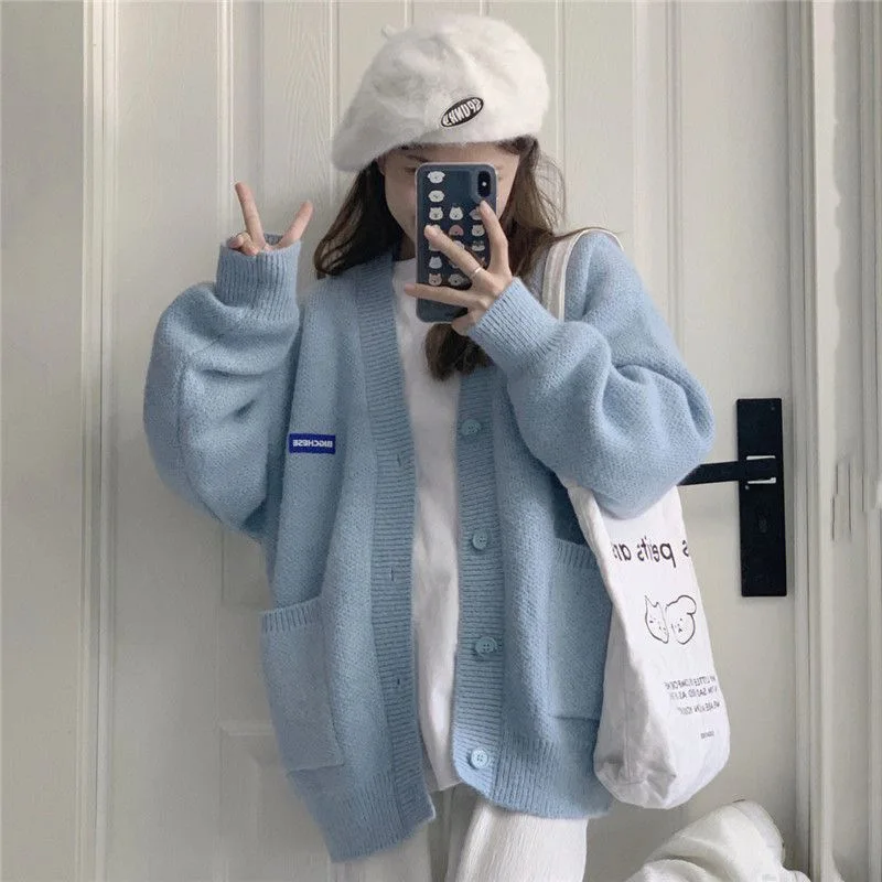 

Autumn and Winter Korean Loose Versatile Knitted Cardigan Top Women's Sweet Blue V-Neck Sweater Coat