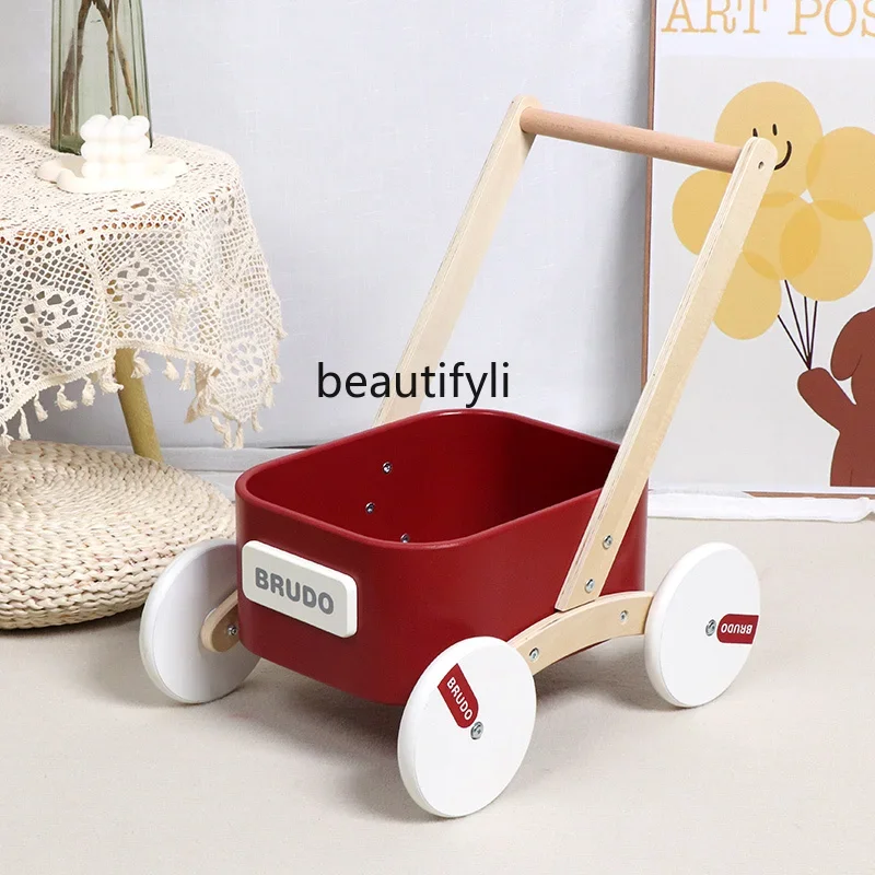 Children's toy wooden toddler stroller 1-3 years old baby walking practice gift