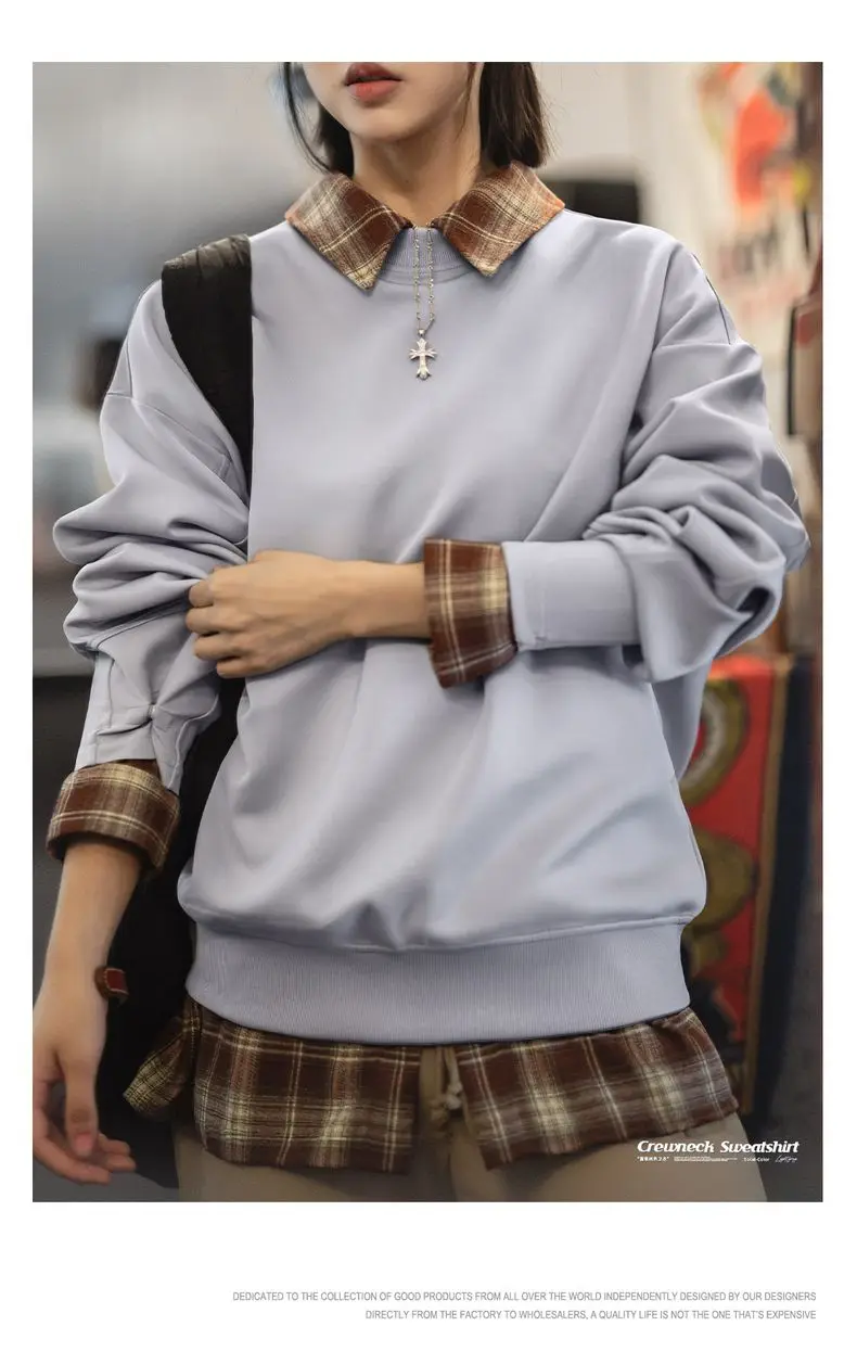 Maden Women's Loose Pullover Sweatshirt Women Air Layer Fabric Drop Shoulder Casual Long sleeve Top Light Gray for Autumn