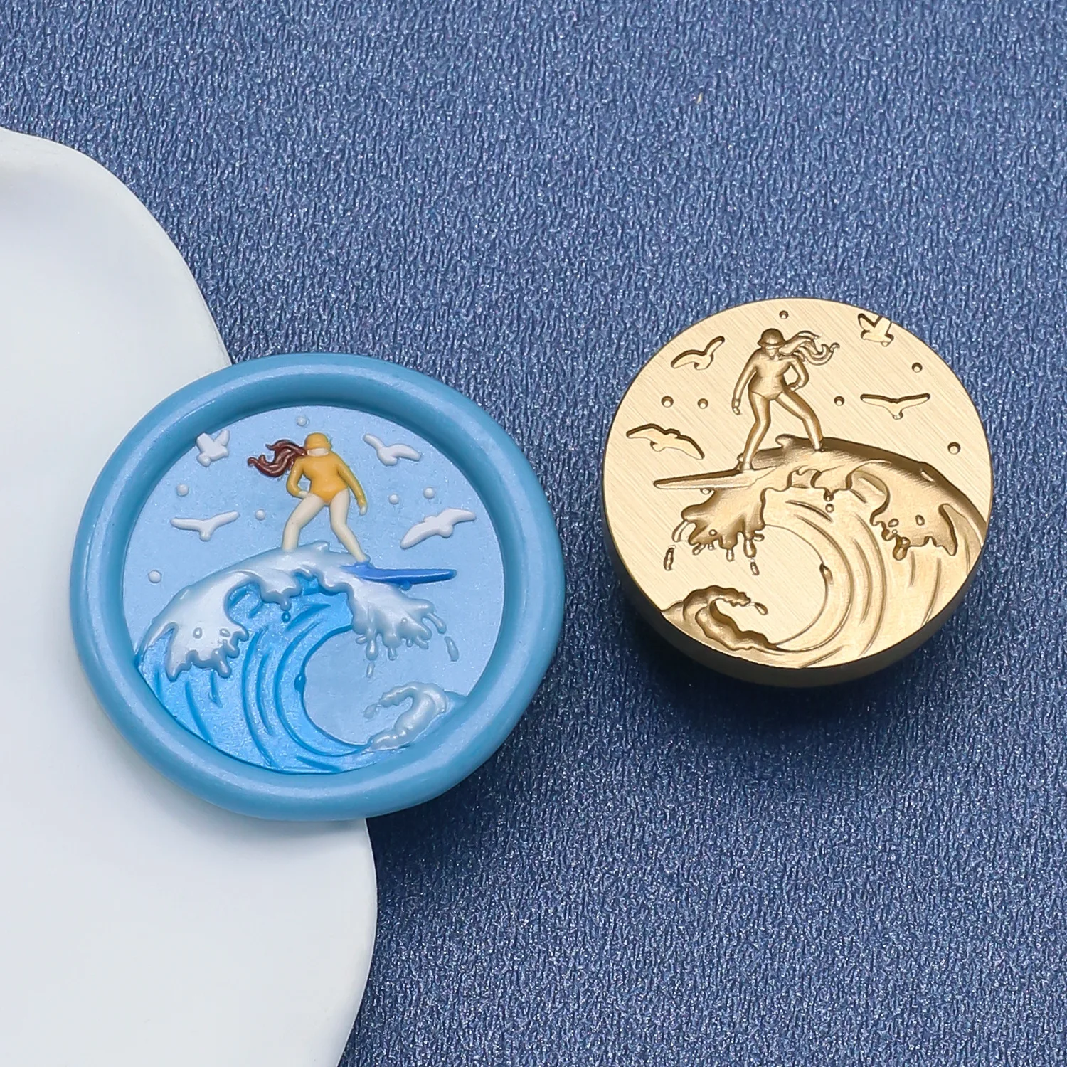 חותמת שעווה סדרת פרחי מים עם חותמת גלים, וויל, סנפיר, גלישה בחוף, יומן חותמת נחושת