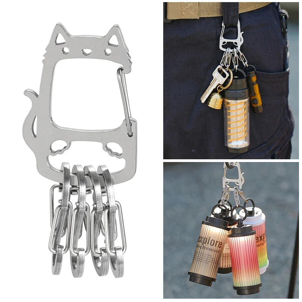 1Pc Stainless Steel Lucky Cat Keychain Ornament with Creative S Hook Design Outdoor Keyring Perfect for Camping Key Management