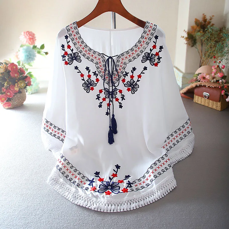 Summer Dress 2022 Fashion Floral Embroidery Women White Dress Batwing O-Neck Bohemian Casual Boho Dresses Vestidos Clothing