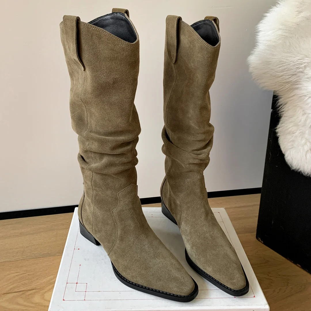 

Women's natural suede leather small square toe slip-on autumn pleated knee high boots casual female punk western boots shoes hot