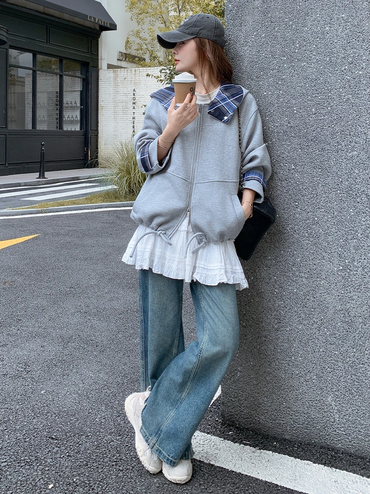 캐주얼 그레이 후드 짧은 스웨트셔츠 재킷 여성 봄 가을 인기 멋진 하이엔드 틈새 재킷 탑