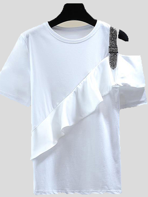 Diamond Top Summer Loose Stitching Ruffled Sleeve T Shirts Women Solid Color Short-sleeved T-shirt