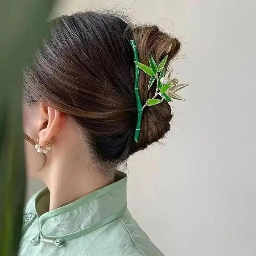 1 Pcs Women Fashion Green Bamboo Hair Clips Metal Grip Clip Accessories Chinese Style Bamboo Hair Clip Creative Gifts