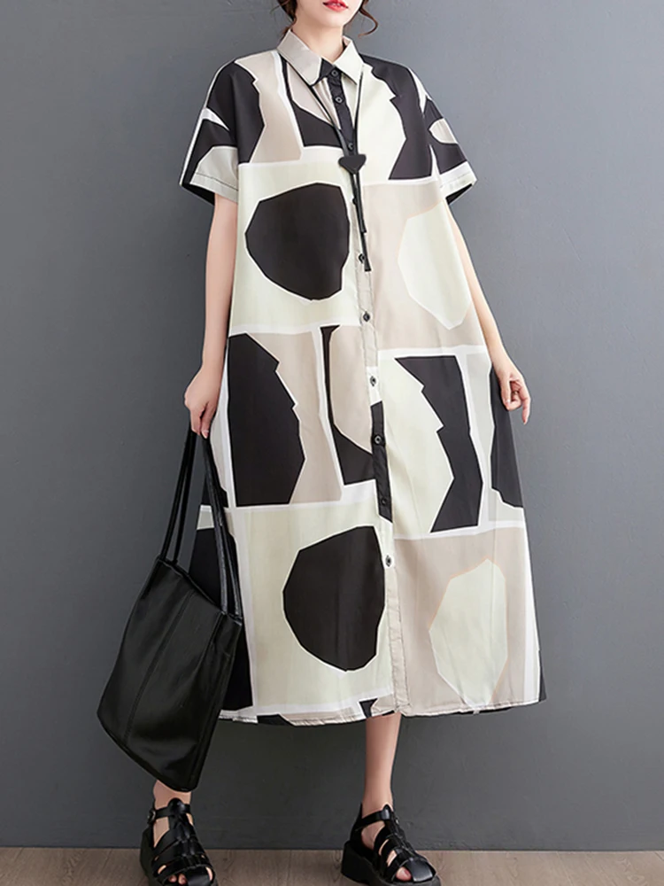 2025 Summer New Green Vintage Print Shirt Dresses For Women Short Sleeve Loose Casual Long Dress Robe Fashion Elegant Clothing