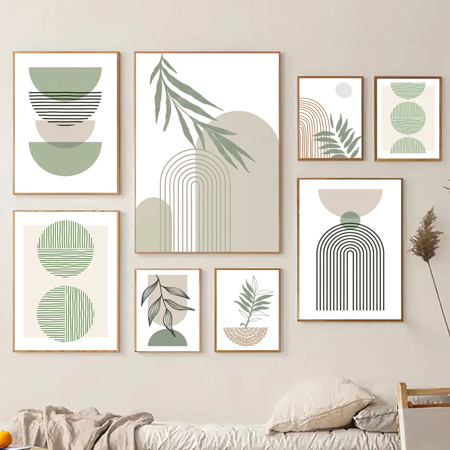 

Green Line Leaves Geometry Abstract Boho Living Room Decor Aesthetics Modern Wall Art Canvas Painting Nordic Poster And Prints