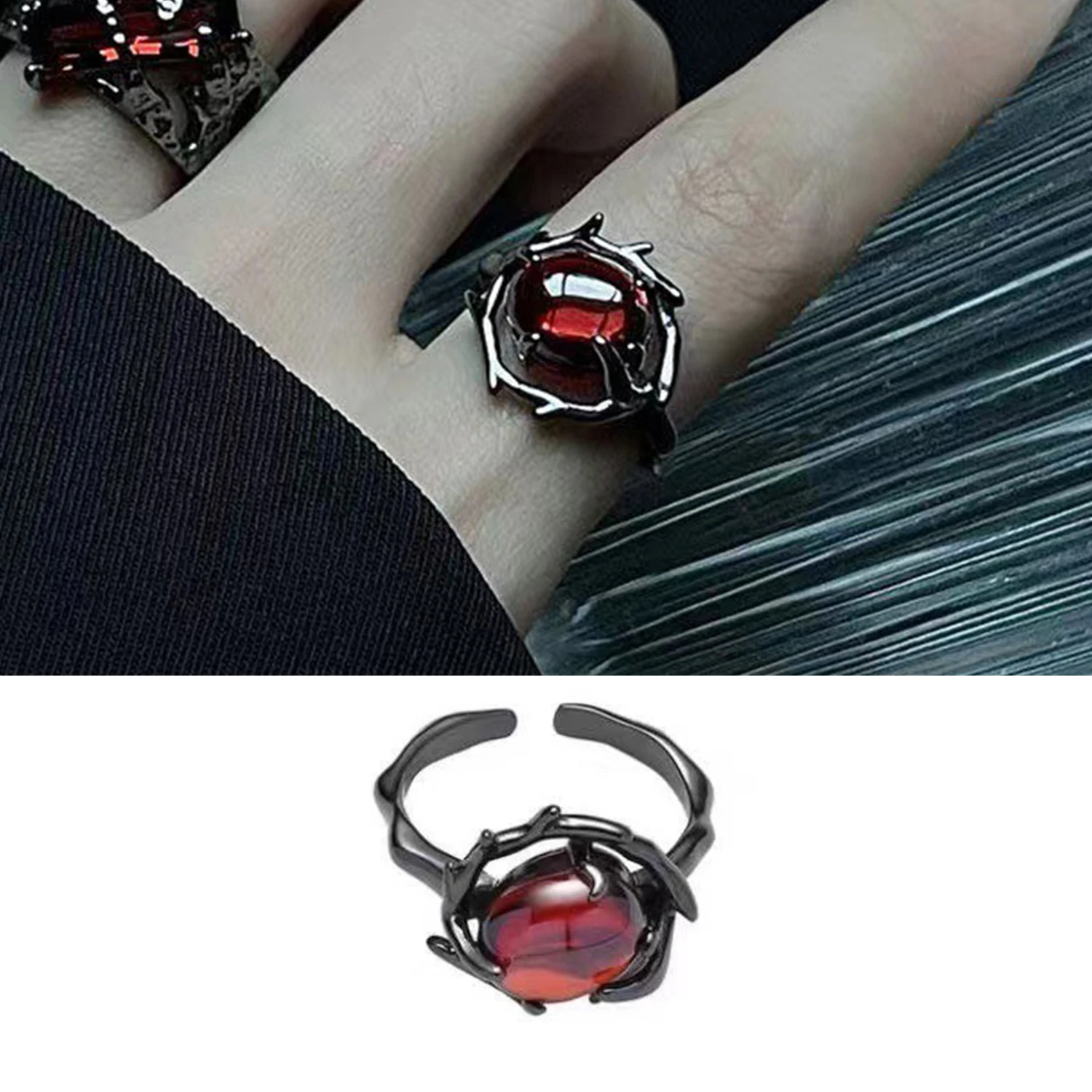 Bijoux vintage de style rétro punk rubis de style mode 2025, bague en cristal noir, pendentif géométrique, doigt ouvert, 1 pièce._voghion.com