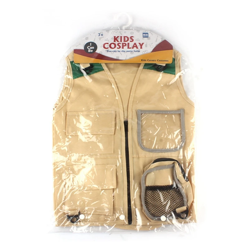 2X Outdoor Adventure Kit,Young Kid's Khaki Cargo Vest And Hat Comfortable And Durable Explorer Costume Role Play Toy