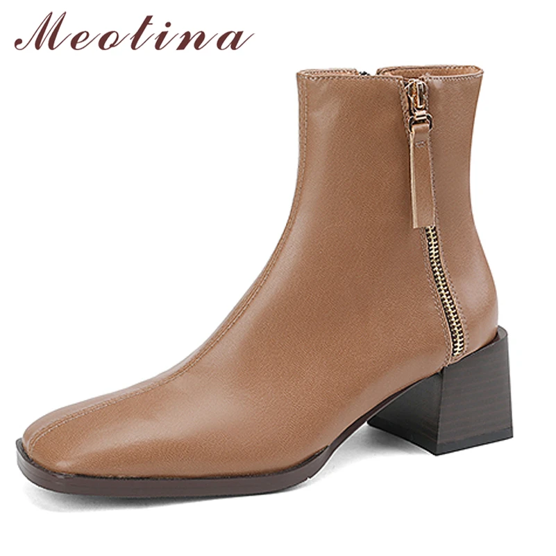 

Meotina Women Genuine Leather Ankle Boots Square Toe Thick High Heel Zipper Short Boot Ladies Sheepskin Shoes Autumn Winter