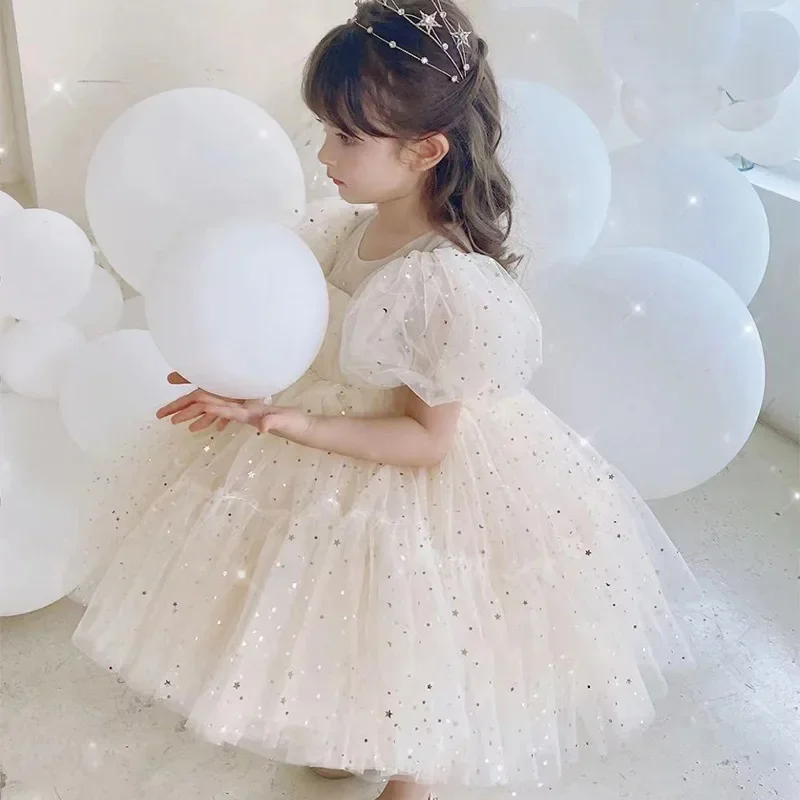 Baby Champagne Baptism Dress Cute Girl Sequin Puff Sleeve Fairy Ball Gown Newborn 1 Year Birthday Outfit Kids Formal Party Gown girls dress baby girl dress