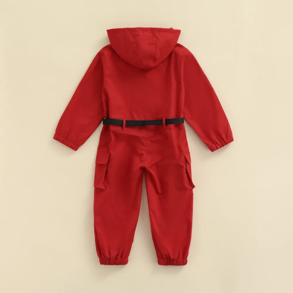 Cosplay jumpsuit kids cosplay costume Unisex Korean Drama Survival Game Cosplay Costume Hooded Jumpsuit + Gloves + Belt 3Pcs Halloween Party Clothes for Kid Boy Girl