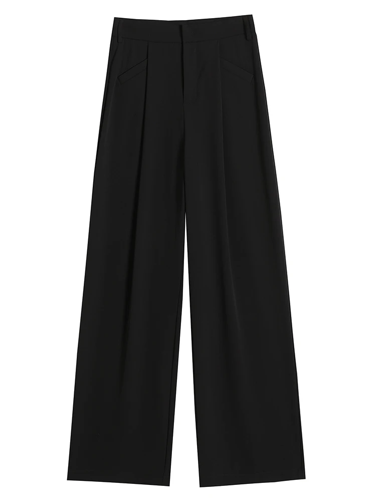 Casual Black Chicly High Waist Slim Simple Women Pants Summer New Fashion Solid Color Office Ladies Loose Female Wide Leg Pants