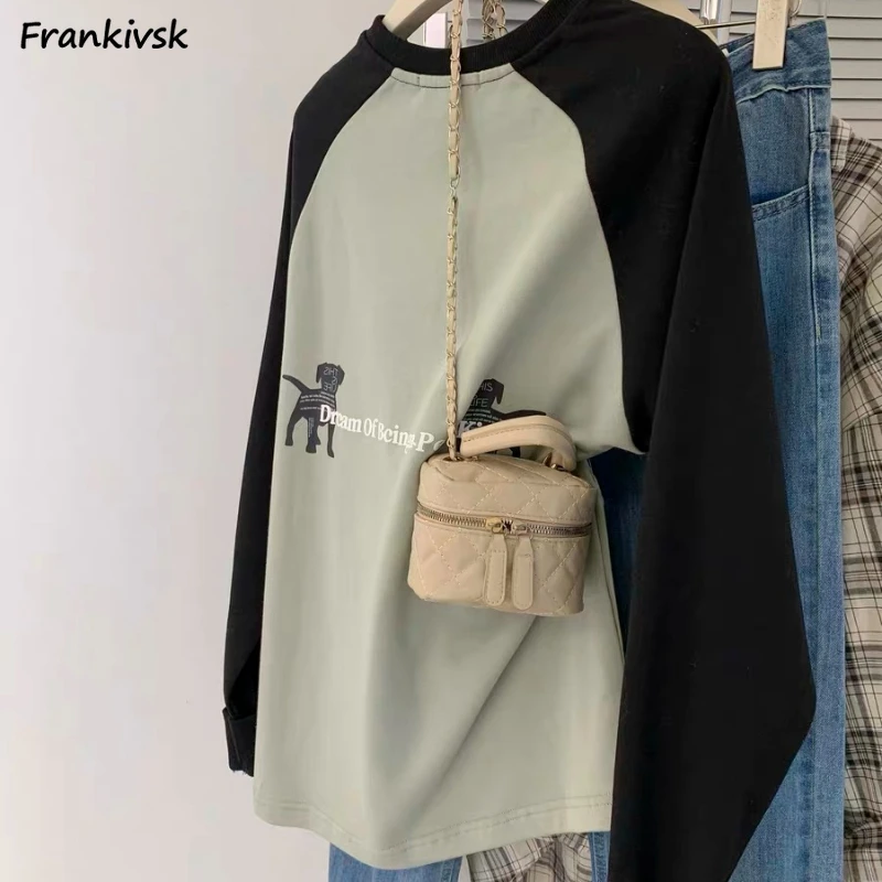 

T-shirts for Women Panelled Students Comfortable New Arrival O-neck Long Sleeve Spring Korean Style Clothing Slouchy Chill Retro