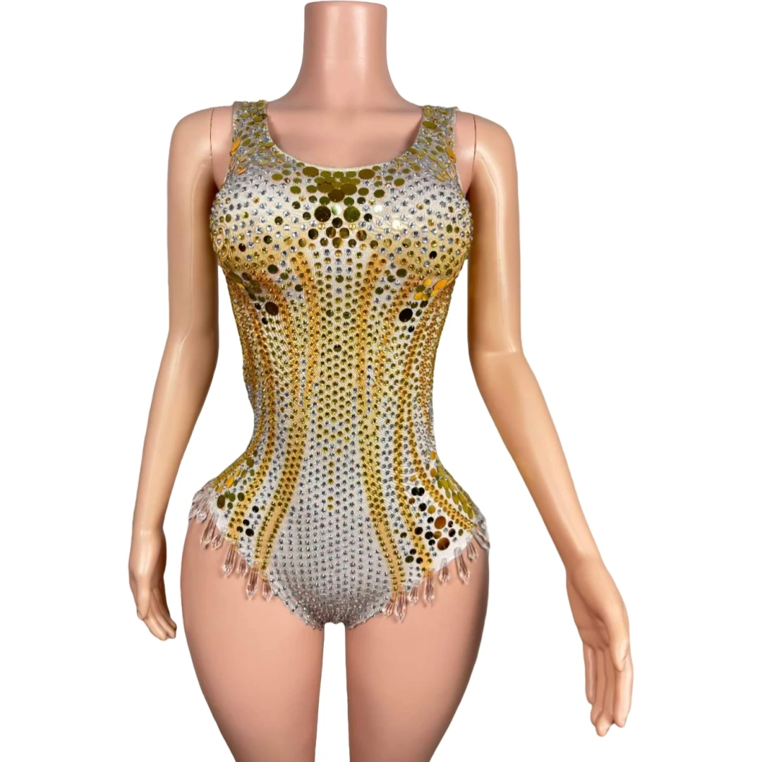 

2024 Sleeveless Sexy Gold Rhinestone Sequins Bodysuits For Women Glitter Party Club Wear Leotard Drag Queen Dance Costume