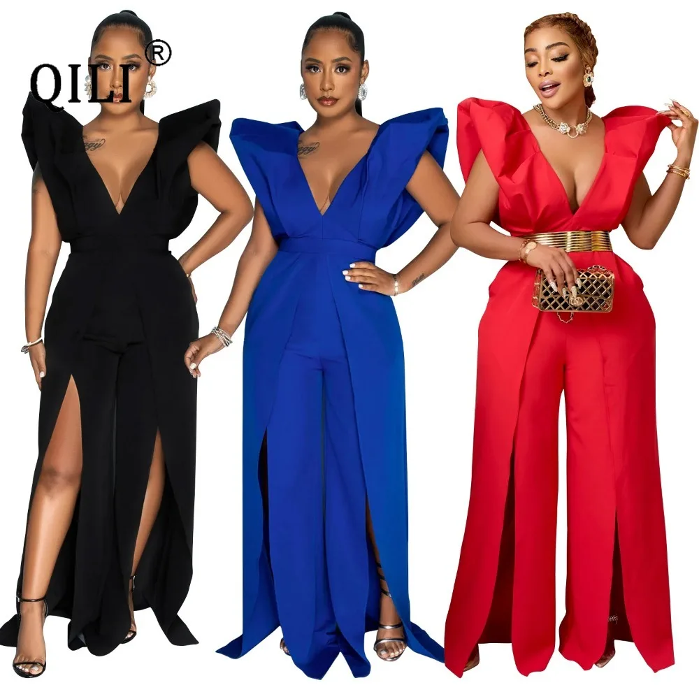 Women's V-Neck Pleated Pants Jumpsuit, Loose Jumpsuits, Solid Color, Sexy, Europe and The United States, Fashion