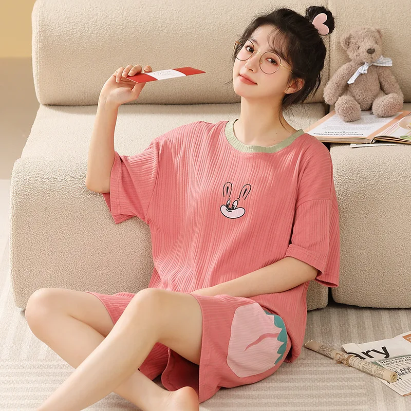 Summer 2023 New Knitted Cotton Ladies Short Sleeve Shorts Pullover Pajama Set Women's Sweet Home Wear Pijamas Mujer Free Ship