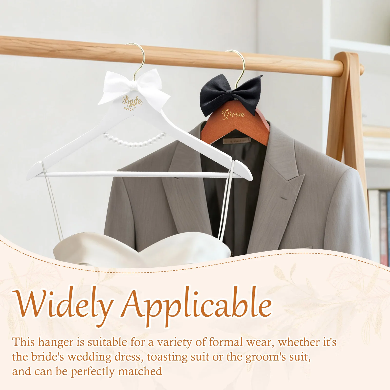 4Pcs Wood Hangers Wedding Dress Hanger with Bow Pearl Bride & Groom Gown Toast Dress Tuxedo Suit Anti Slip Hanger Clothing Rack