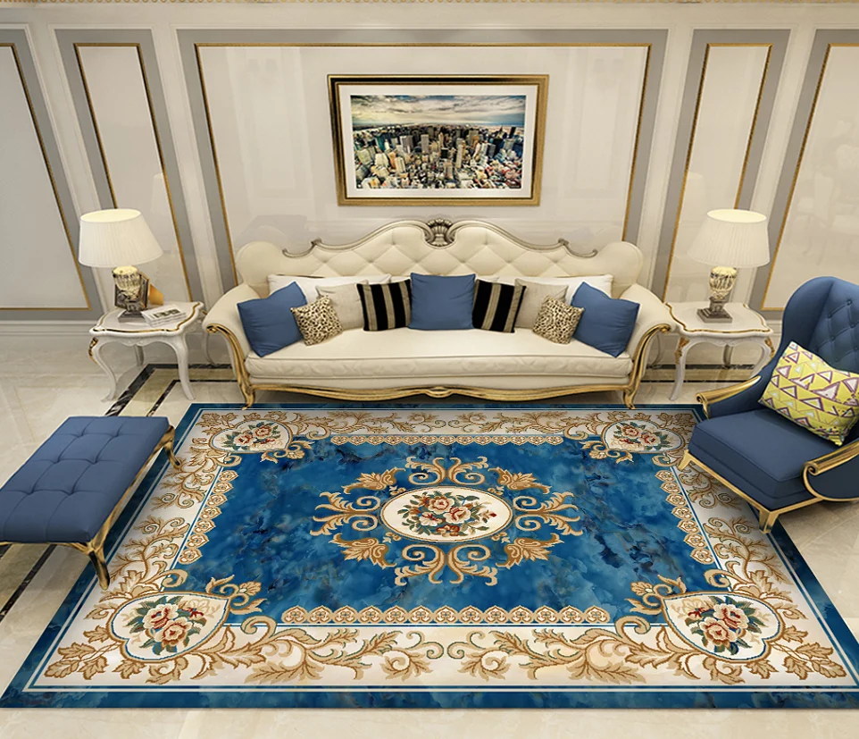 Blue European Luxury Pattern Carpets Room Decoration Living Room Area Rug Home Anti-slip Floor Mat Children Bedroom Carpet Large 2