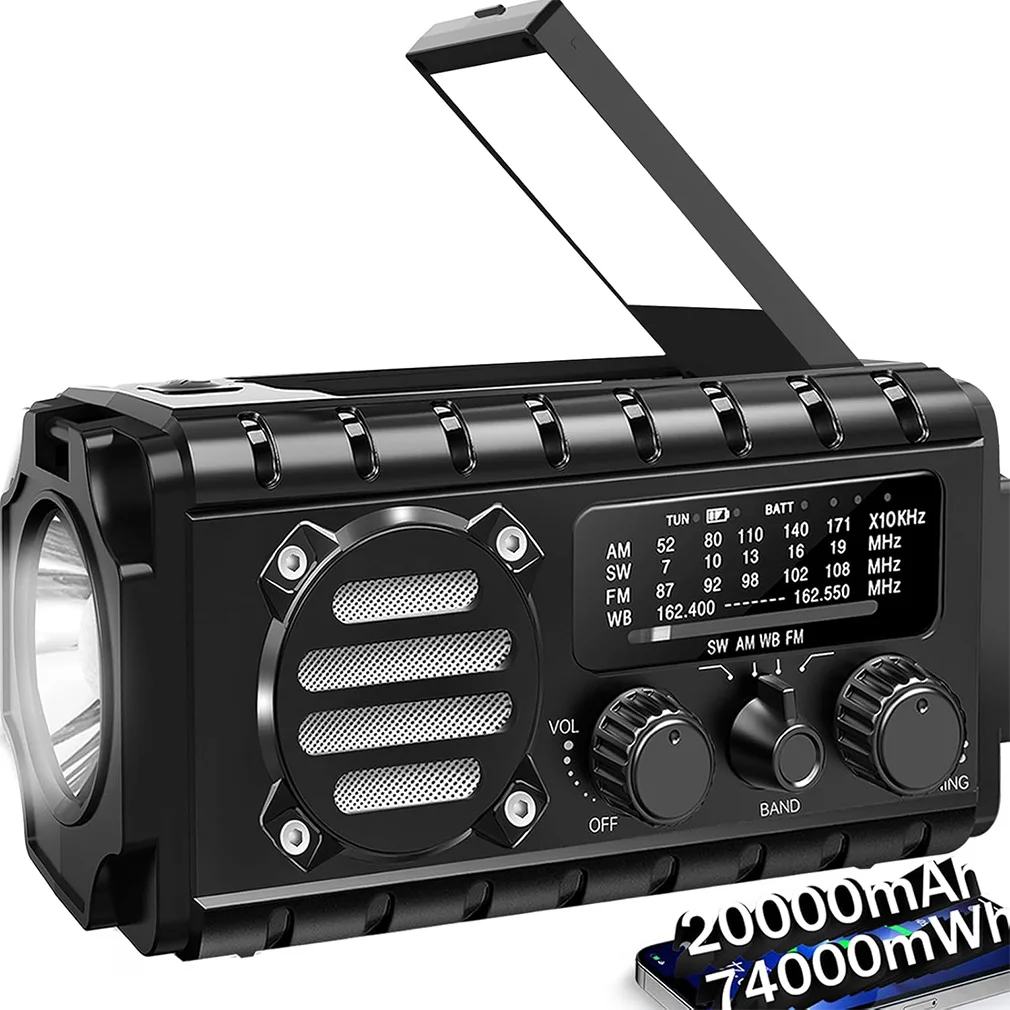 20000mAh/74000mWh AM/FM 기상 라디오 태양광 핸드 크랭크 비상 라디오 SOS, 손전등 및 독서등, 휴대폰 충전기 드롭쉬핑