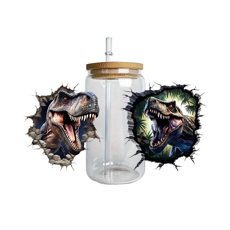 3d stickers cup wraps dinosaur series easy peel waterproof 3D transfers uvdtf crystal stickers for 16oz glasses