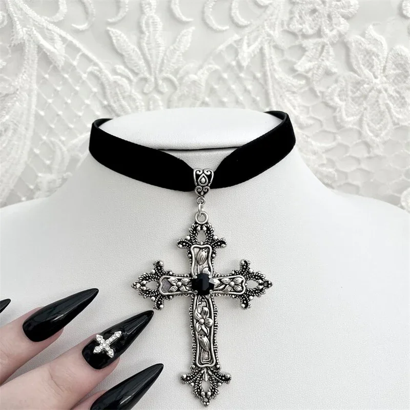YienDoo Punk Black Cross Velvet Choker Necklace - Vintage Gothic Layered Bead Jewelry For Women - View #8