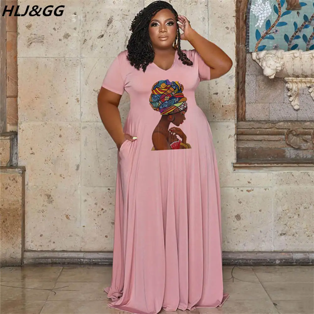 HLJ&GG Plus Size Casual Loose Dress XL-5XL Women African Lady Print Short  Sleeve Floor Dress Fashion Streetwear Robe Vestidos