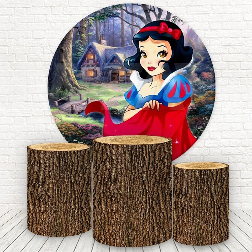 Fondo redondo de feliz cumpleaños de Blancanieves, cubierta de fondo de  princesa, tema de madera, cubiertas de cilindro de Pedestal, suministros de  decoración, image size:1000x1000